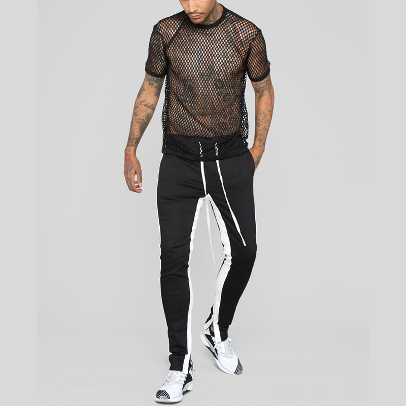2020 New Men's Sexy Transparent Mesh T-shirts Male Short Sleeve Hollow Out T Shirt Summer Casual Fitness Tee Tops Plus Size