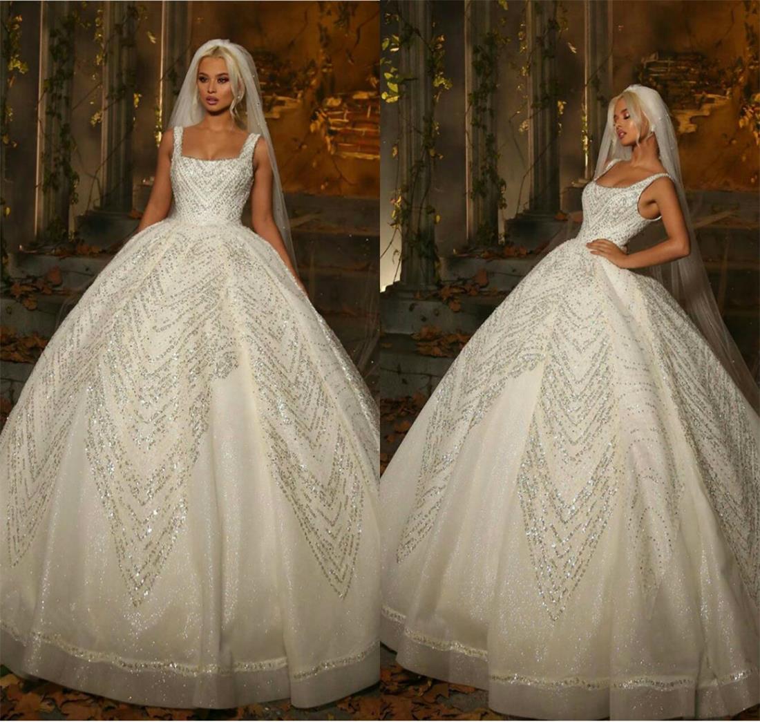 2020 Luxury Church Wedding Dresses Square Neck Lace Bling Sequins Glitter Country Bridal Gowns Sweep Train Luxury Wedding Dress Plus Size