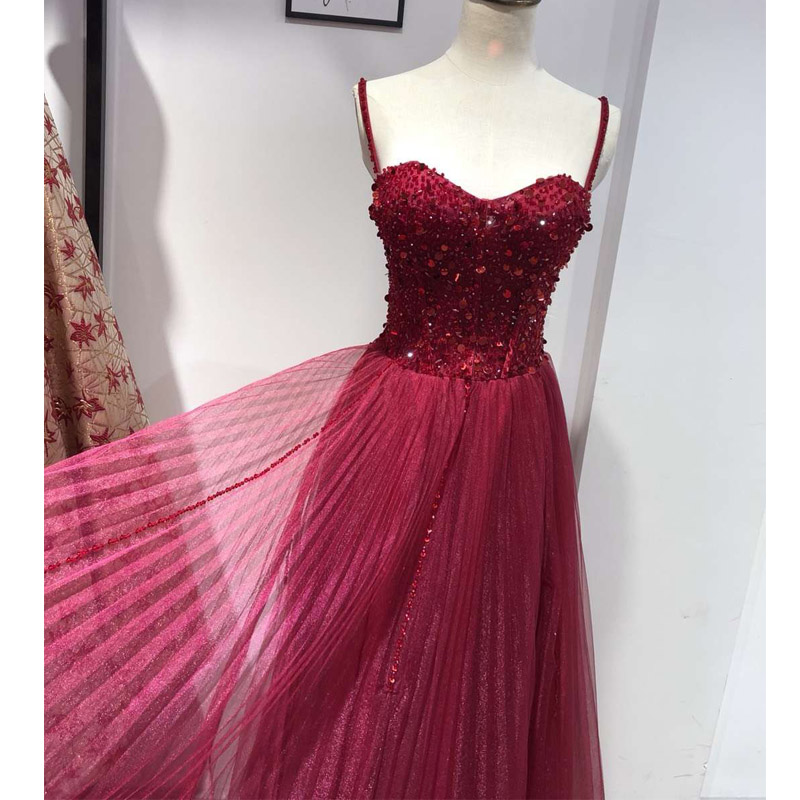 2019 Dark Red Evening Dresses Long Spaghetti Straps Sexy Prom Dress A-Line Beaded Tulle Cheap Women Party Formal Gowns