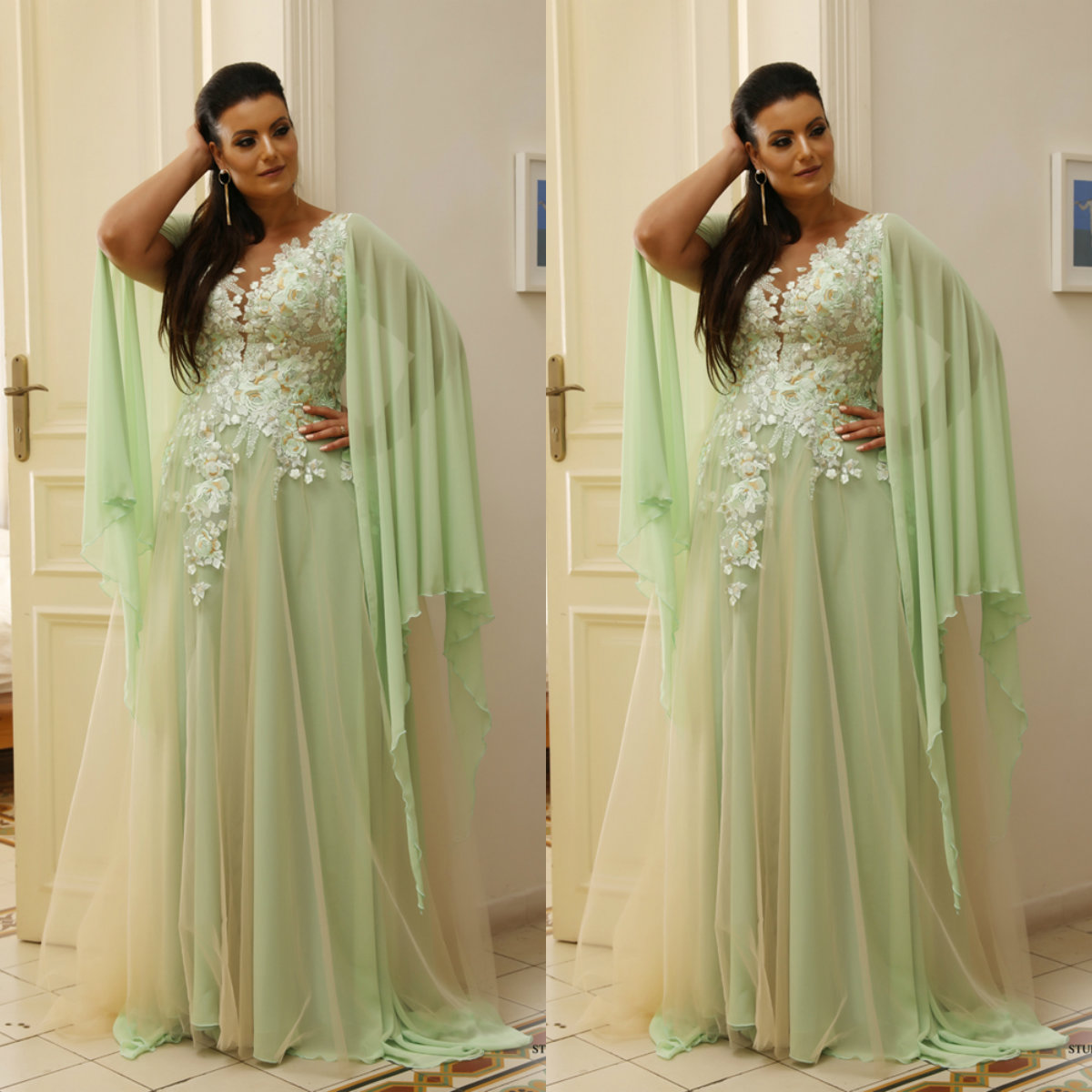 2019 Mint Green Prom Dresses V Neck Chiffon Lace Appliqued Sweep Train Plus Size Evening Dress Custom Made Mother Party Gowns, Nude
2019 Mint Green Prom Dresses V Neck Chiffon Lace Appliqued Sweep Train Plus Size Evening Dress Custom Made Mother Party Gowns, Nude