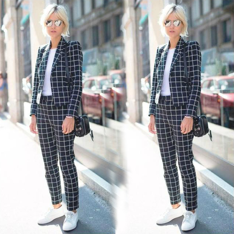 New Plaid Check 2 Pieces Light Blue Mother of the Bride Suits Women Ladies Plus Size Office Tuxedos Formal Work Wear For Wedding