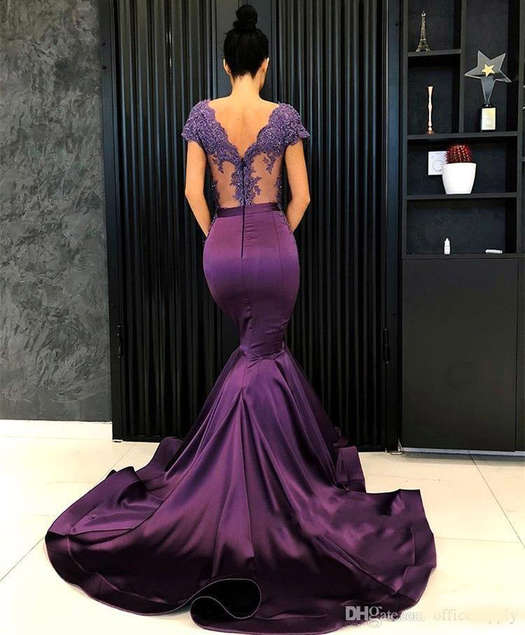 Grape Vintage Mermaid Prom Dresses 2020 Sexy Illusion Bodice V-neck Zipper Applique Evening Party Gowns Custom