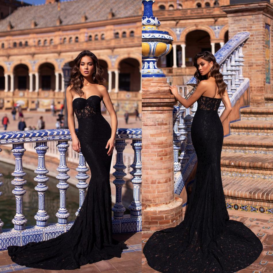 Elegant Black Mermaid Prom Dresses 2019 Sweetheart Lace Formal Evening Gowns Sweep Train Sleeveless Pageant Party Dress Plus Size