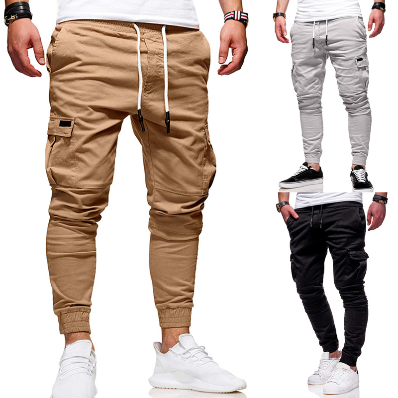 Men Slim Fit Drawstring Elastic Waist Jogger Cargo Pants with Pockets Mens Casual Close Bottom Long Rope Pants