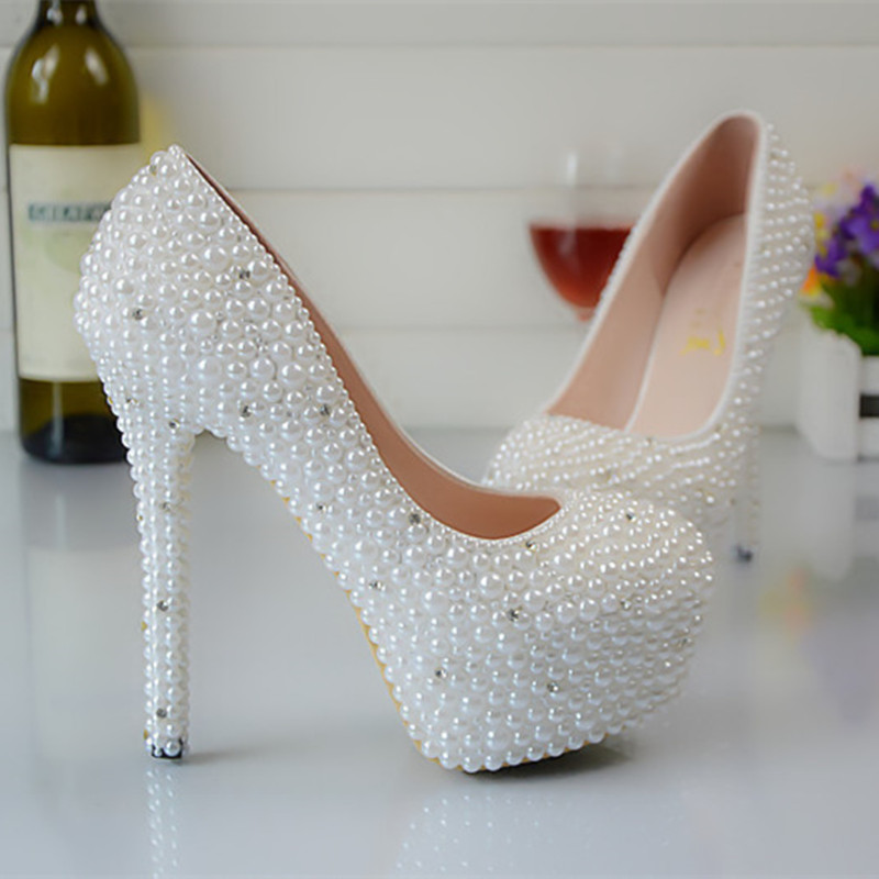 Glitter Wedding Shoes Pearls Beads Pumps High Heels Bridal Shoes Small Diamond 5cm 8cm 11cm 14cm Bling Bling Prom Shoes for Lady