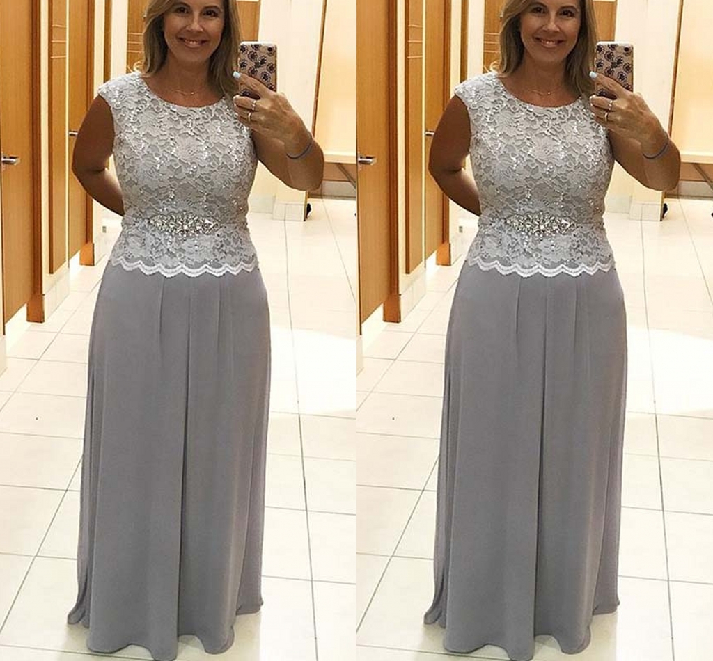 2020 Newest Elegant Plus size Silver A-Line Chiffon Long Mother Dresses With Crystal Sash Formal Evening Prom Gowns