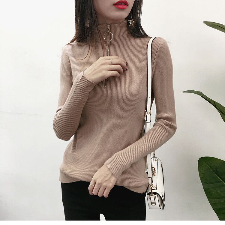 Korean Knitted Turtleneck Sweater Women 2019 Autumn Winter Zipper Up Solid Color Slim Knitting Pullovers Big Size Pull Femme T200101