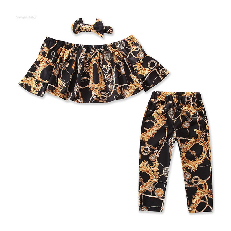 3pcs Toddler Baby Girl Clothes Set Stitching Horn Long-sleeved Bell Sleeve Pants Outfits Floral Printing Suit With Headband