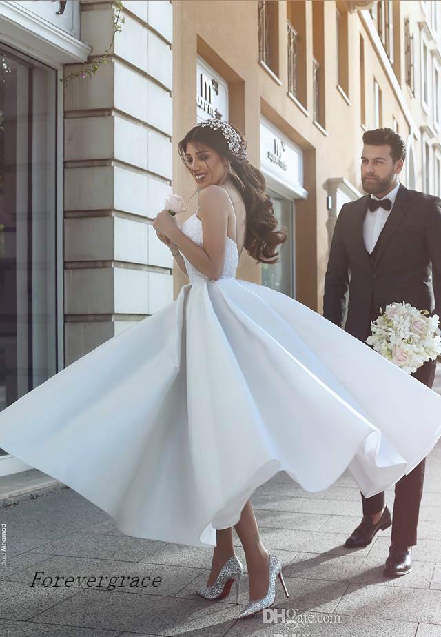 2019 Cheap Said Mhamad A Line Wedding Dress Romantic Spaghetti Straps Tea Length Backless Summer Reception Bridal Gown Custom Made Plus Size