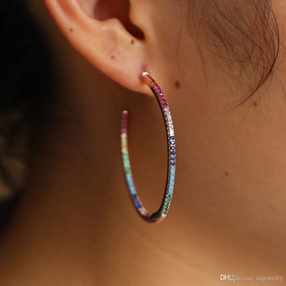 2024 Top quality delicate rainbow CZ hoop earring with colorful Rhinestone 45 mm Circle earring for women rose gold color fashion jewelry