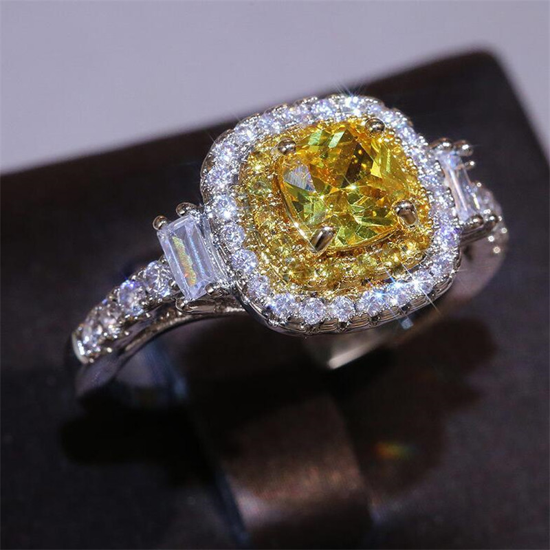 New Sparkling Classical Luxury Jewelry 925 Sterling Silver Yellow Topaz CZ Diamond Pave CZ Promise Women Wedding Engagement Band Ring Gift