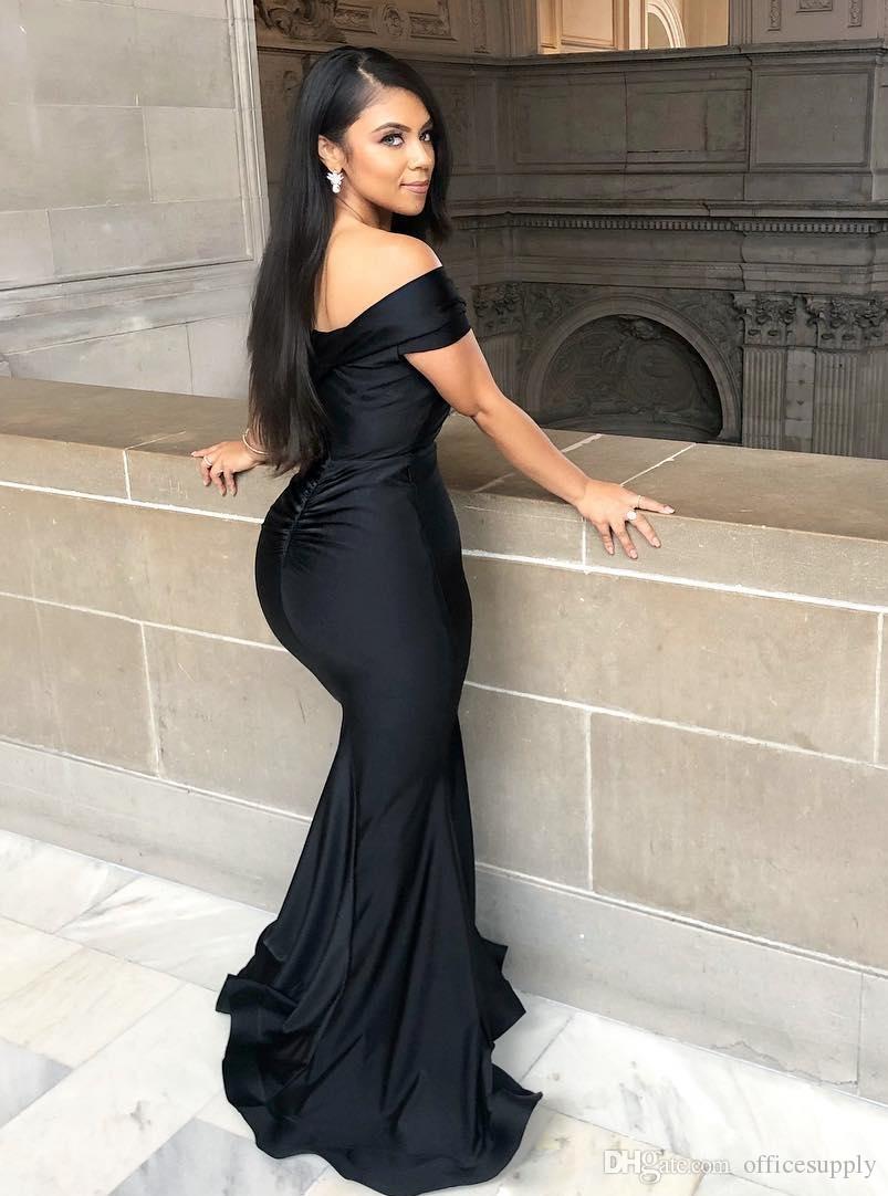 Mermaid Elegant Black Bridesmaid Off Shoulder Formal Evening Gowns Prom Dresses Pleats Plus Size Simple Robe De Soiree