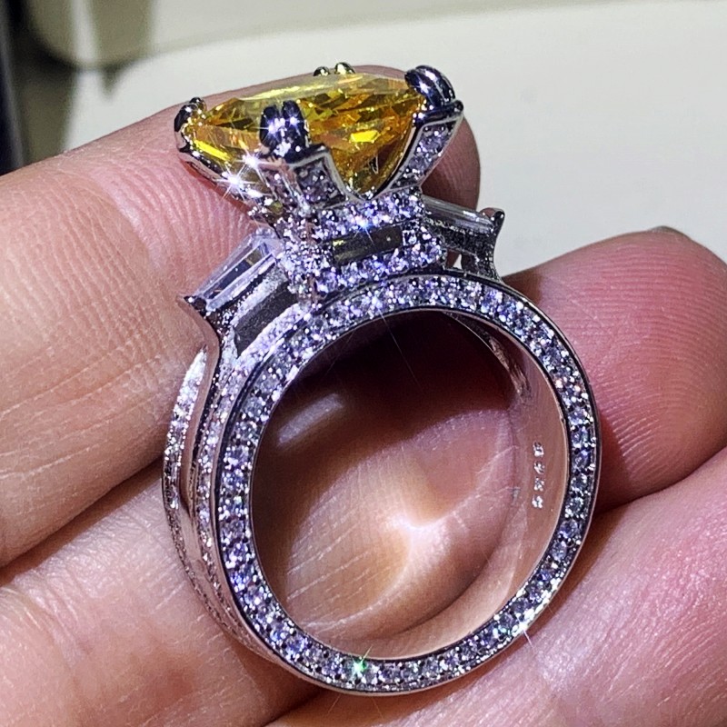 Victoria Classical Jewelry 925 Sterling Silver Princess Cut Yellow Topaz CZ Diamond Eiffel Tower Promise Women Wedding Engagement Band Ring