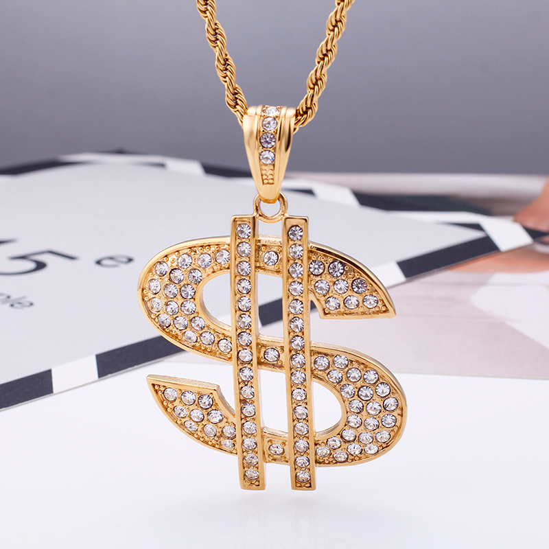 Men's Hip Hop Dollar Sign Pendants Necklace 316L Stainless Steel Full Cubic Zirconia Setting 18K Gold Plated Jewelry