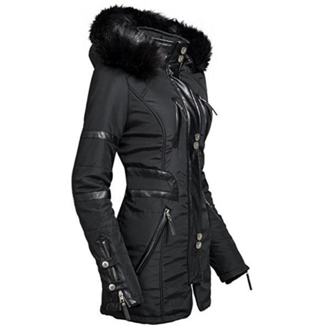 Rosetic Women Black Coat Winter Long Sleeve Hooded Mid-Length Women's Jacket Fur Warm Thick Slim Gothic Female Zipper Coat New