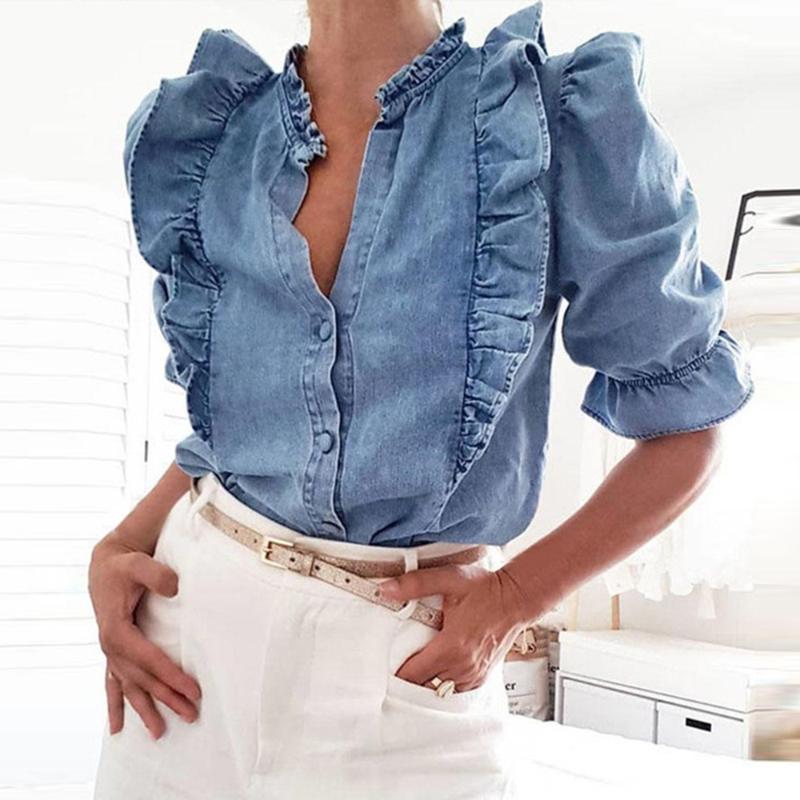 Women' Blouses & Shirts Ladies Fashion High Shirt Cascading Ruffles Puff Sleeve Denim Blouse Blusas Women Jeans Office, Blue
Women' Blouses & Shirts Ladies Fashion High Shirt Cascading Ruffles Puff Sleeve Denim Blouse Blusas Women Jeans Office, Blue