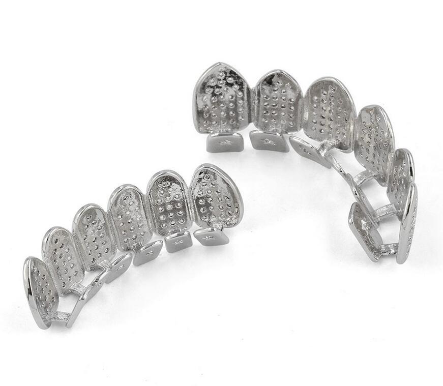 Ice Out Teeth Grillz For Men Bling Bling Cubic Zirconia Hiphop Jewelry 18K Gold Plated Halloween Vampire Grillz Free Ship