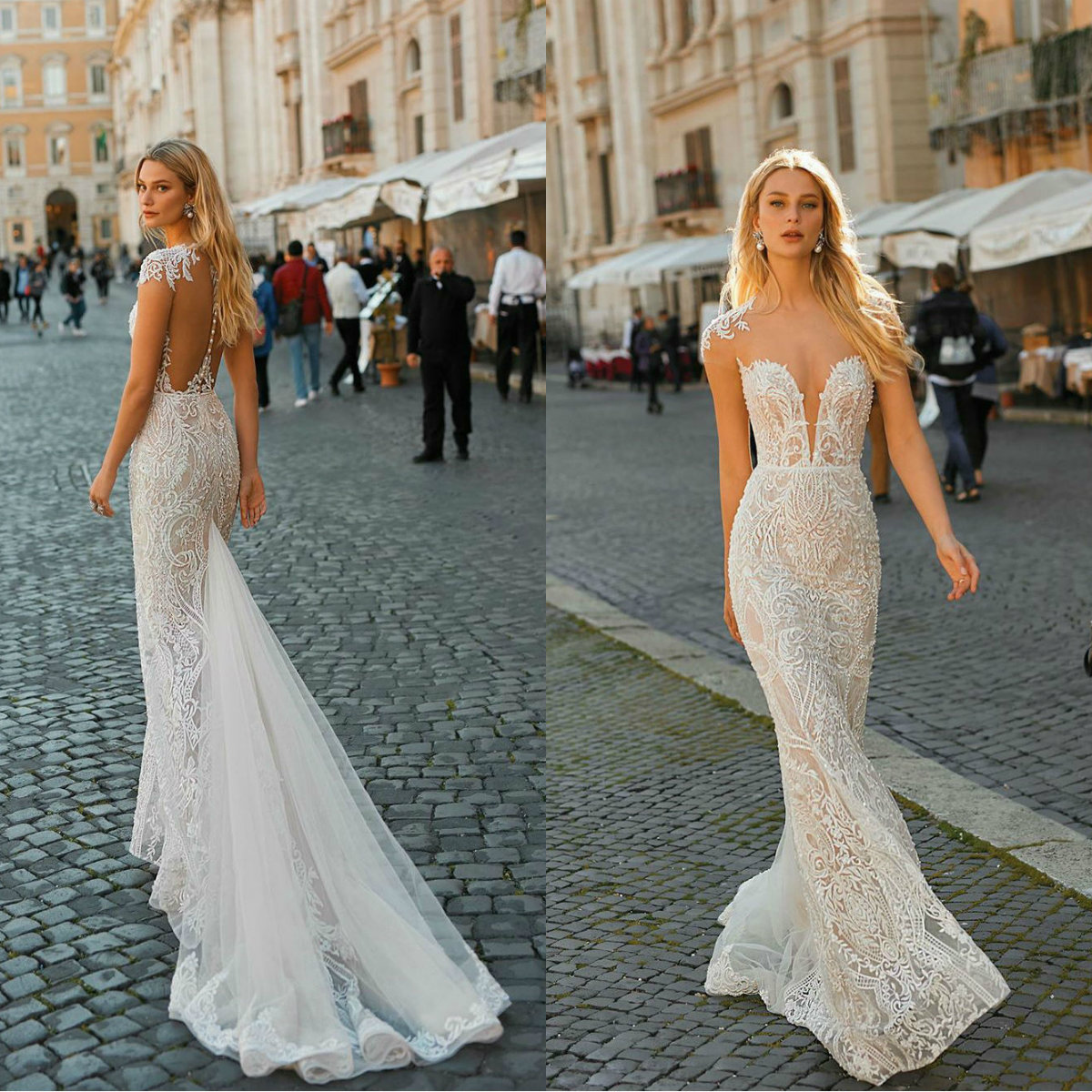 berta beach mermaid wedding dresses cap sleeves lace applique beaded sweep train bridal gowns buttons back vestido de novia