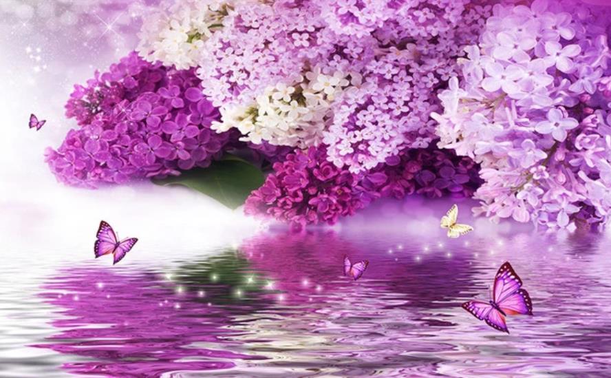 beautiful scenery wallpapers Purple flower hydrology reflection butterfly background wall