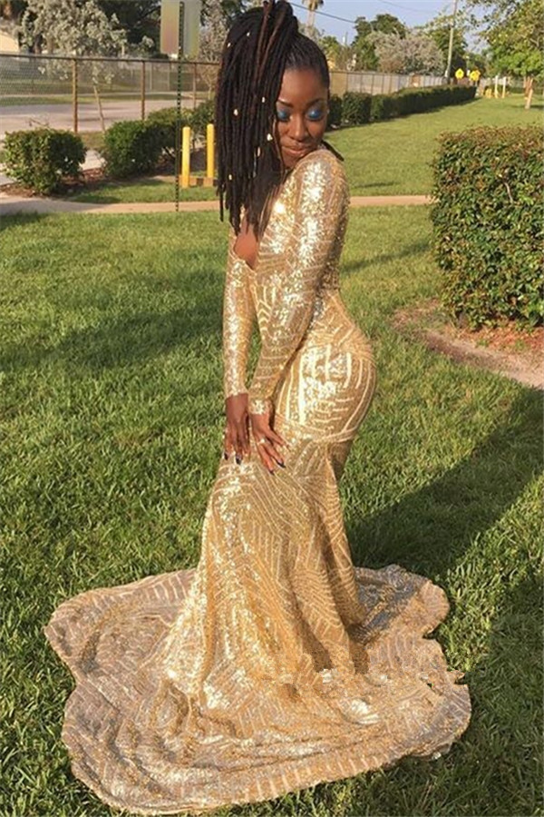 Sparkly Sequins Mermaid Evening Party Dresses with Long Sleeve 2019 Sexy V-neck Plus Size African Junior Girl Prom Gowns Dress