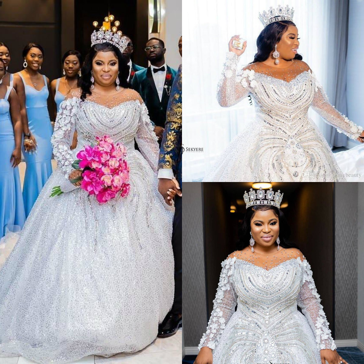2020 Plus Size Wedding Dresses A Line Beads Sequins Crystal Sheer Neck Abiti Da Sposa Sweep Train Modest Long Sleeve Vestidos De Novia