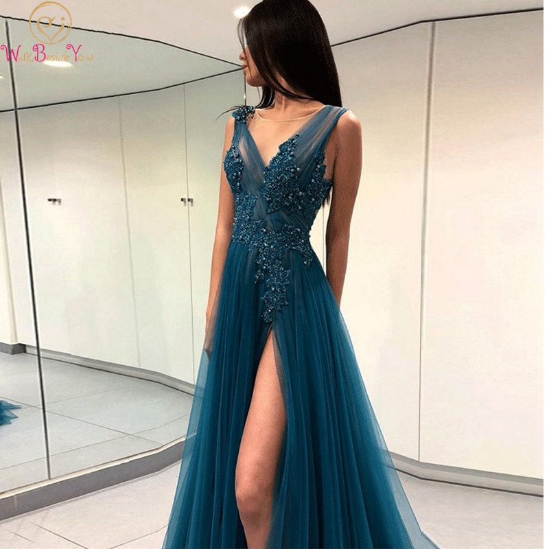 2020 Evening Dress Stunning Navy Blue A-line High Split Tulle Applique Beaded Tank Sleeveless Vestido De Women Elegant Prom Gown, Picture color
2020 Evening Dress Stunning Navy Blue A-line High Split Tulle Applique Beaded Tank Sleeveless Vestido De Women Elegant Prom Gown, Picture color