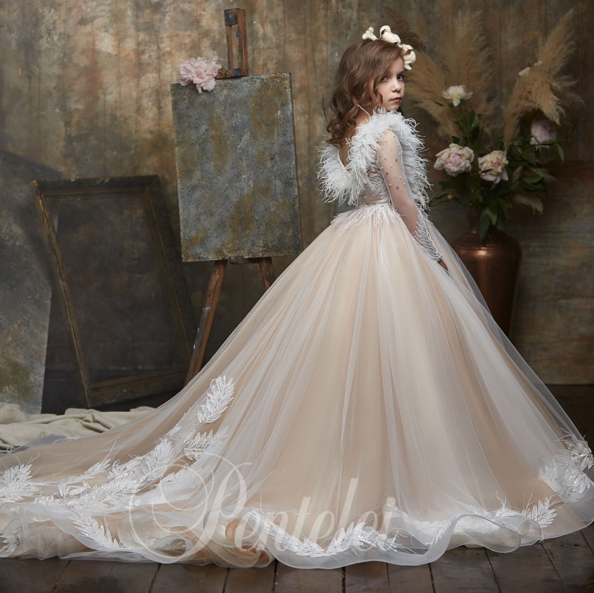 Hot Sale Feather Ball Gown wer Girl Dresses For Wedding Beaded Bateau Neck Appliqued Toddler Pageant Gowns Long Sleeves Kids Prom Dress