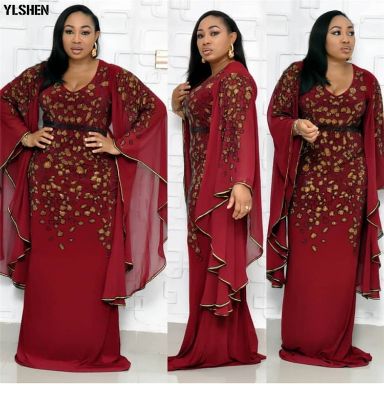 African Dresses for Women Dashiki African Clothes Bazin Broder Sexy Slim Ruffle Sleeve Gold Sequin Embroidery Africa Skirt Dress