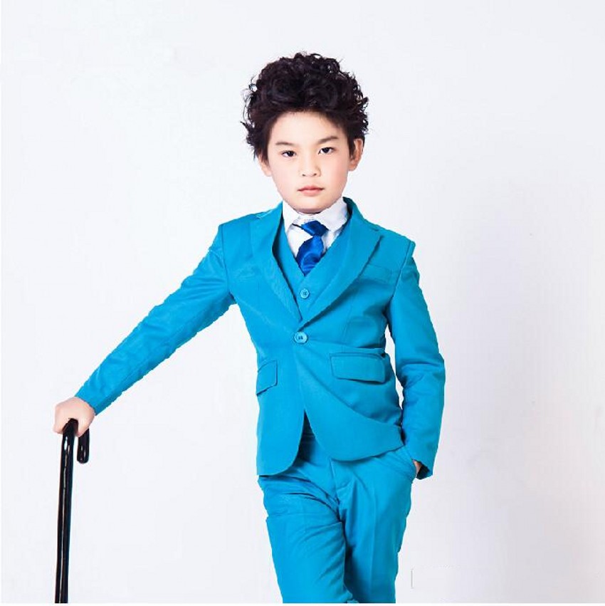 Popular Turquoise Boys Formal OccasionTuxedos Notch Lapel One Button Kids Wedding Tuxedos Child Suit Holiday clothes(Jacket+Pants+Tie+Vest)7