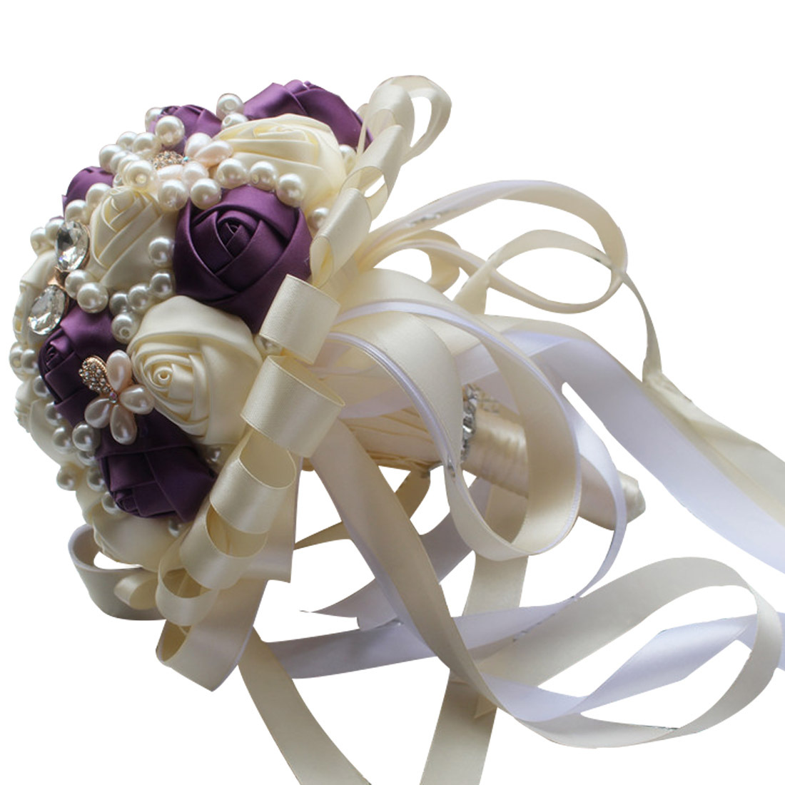 Ivory Silk Satin Rose wedding Flower bouquets multi purple royal blue bridal wedding flowers for bridesmaid diamond pearls crystal decoration 2022