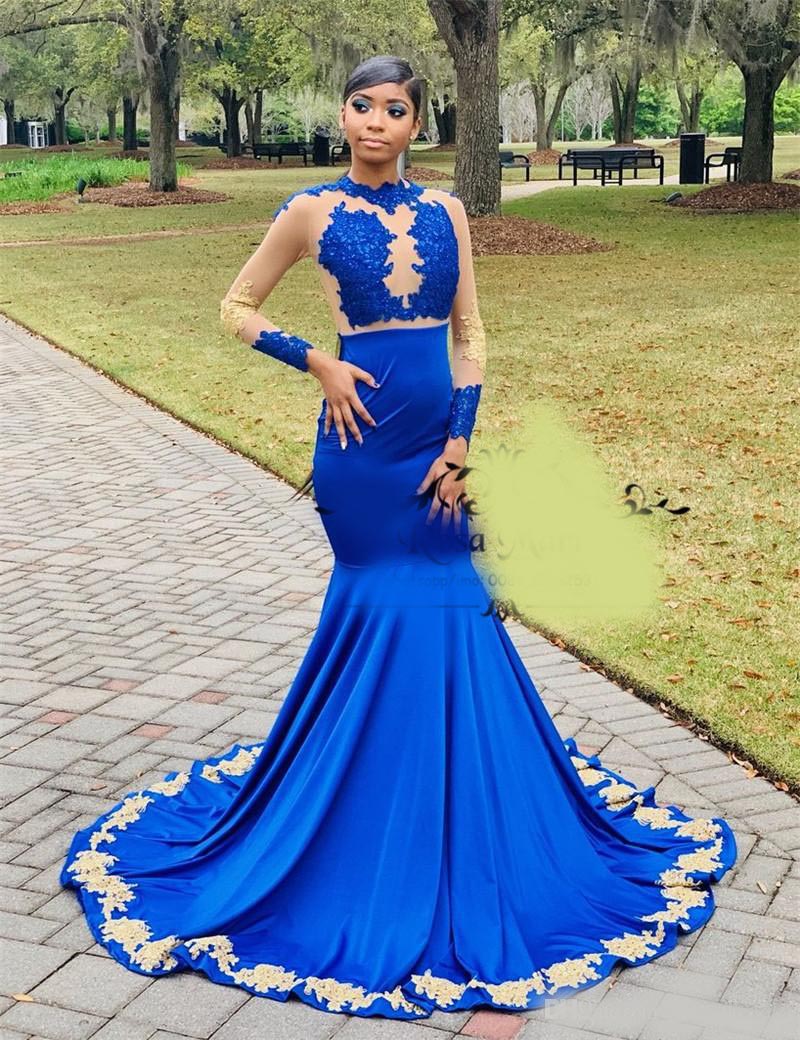 Sexy Royal Blue Mermaid Prom Dresses 2020 Gold Lace Appliques Long Sleeves Sequined Beaded African Arabic Girls Graduation Gowns