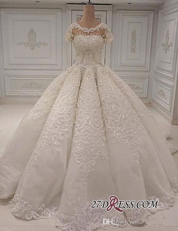 Luxury Ball Gowns Lace Wedding Dresses Cap Sleeves Jewel Neck Formal Bridal Gowns Appliques Sequins Arabic Wedding Dress Robe de marrie