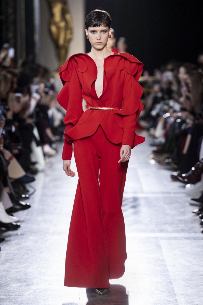 Red Jumpsuits Elie Saab 2019 Evening Dresses Ruffles Long Sleeve Prom Gowns Simple Satin Floor Length Party Dress