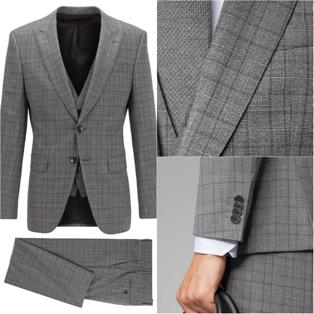 New Fashion Check Plaid Groom Wedding Tuxedos Men Groom Suits Peaked Lapel Two Button Prom Party Blazer Jacket (Jacket+Pants)