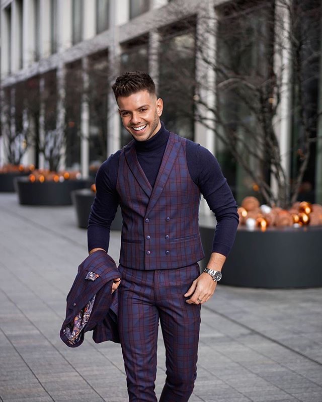Classic Plaid Groom Wedding Tuxedos Men Groomsmen Suits Two Button Slim Fit Prom Party Dinner Blazer Jacket (Jacket+Vest+Pants)