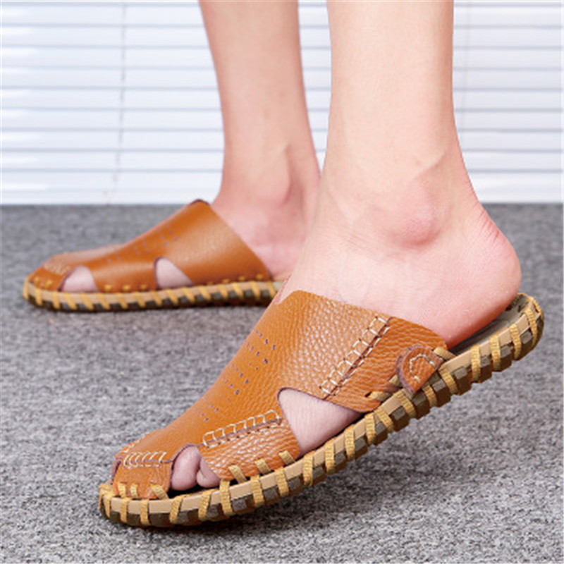 Hot Sale-2019 Genuine Leather Men Sandals Black Brown Sewing Beach Shoes Men Cool Summer Shoes Breathable Mens Leather Sandals size 38-44