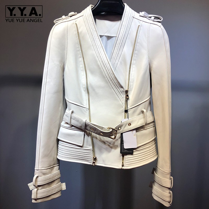 Moto Biker V-Neck Genuine Leather Sashes Women Jackets Slim Fit Zipper Sheepskin Streetwear Plus Size Fashion Short Coats, White
Moto Biker V-Neck Genuine Leather Sashes Women Jackets Slim Fit Zipper Sheepskin Streetwear Plus Size Fashion Short Coats, White