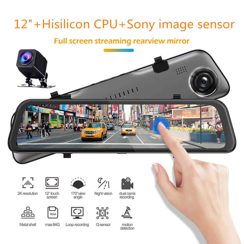 12" big touch screen stream media rearview mirror 2K dashcam car DVR with super slim metal case Hi3559 chip IMX335 sensor 170°+140° FOV
12" big touch screen stream media rearview mirror 2K dashcam car DVR with super slim metal case Hi3559 chip IMX335 sensor 170°+140° FOV