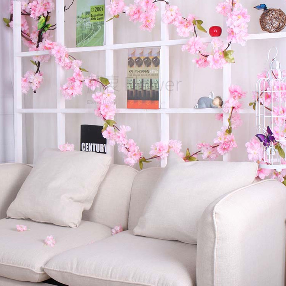 5.8ft Artificial Cherry Blossom Garland Wall-Mounted Rattan Hanging Vine Silk Rattan Wedding Party Decor White