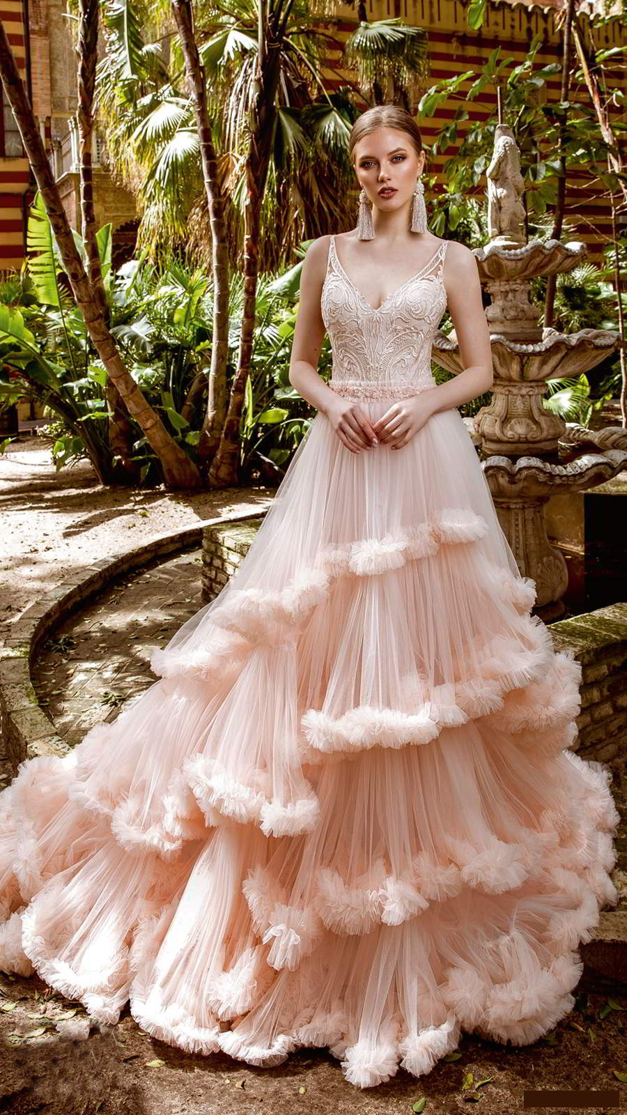 blush pink prom dresses v neck applique evening gowns tiered ruffles long formal party runway fashion dress