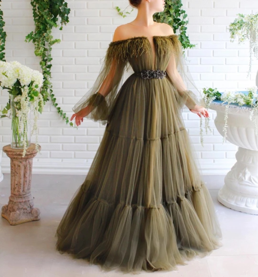 2020 Dark Green Evening Dresses Sheer Jewel Neck Belt A Line Long Sleeve Prom Dress Floor Length Custom Made Specail Robes De Soirée