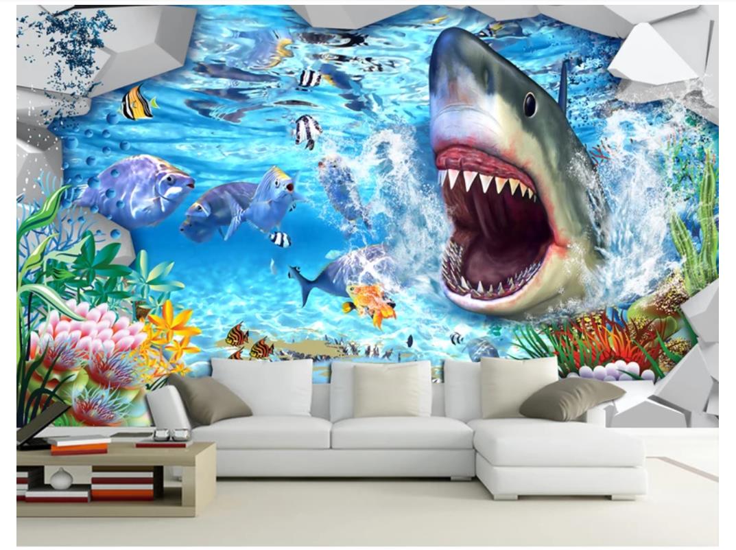 

Custom 3D Silk Photo Mural Wallpaper 3D Shark Underwater World Children's Room Cartoon Background Mural Wall Sticker Papel de parede, Customize
