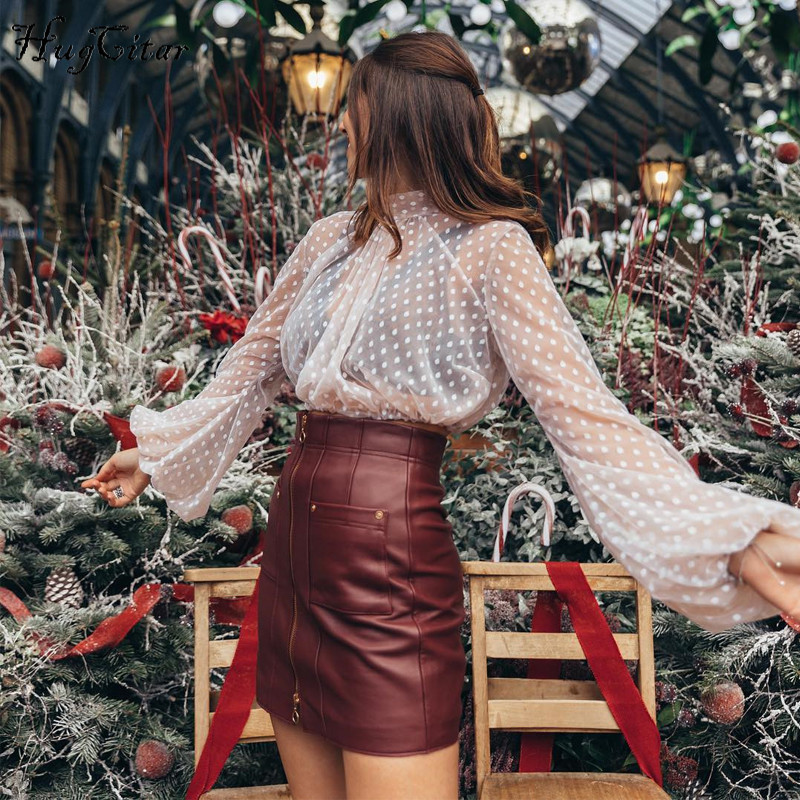 Hugcitar Dots Mesh See-through Lantern Long Sleeve Sexy Crop Tops High Neck 2019 Women Fashion Streetwear Casual Party T-shirts Y19051301