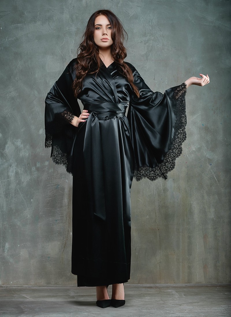 Black Women Night Robe Bathrobe Wedding Bride Bridesmaid Robes Silk Satin Lace Sleepwear Pyjamas Long Lingeries Bridal Party Shower Robe