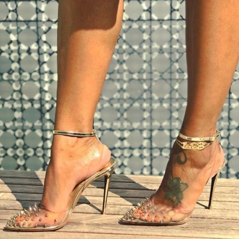 Clear PVC Rivets High Heel Pump Sexy Pointed Toe Ankle Strap Gold Spike Dress Shoes Stiletto Heels Banquet Party Heel Shoes, Black
Clear PVC Rivets High Heel Pump Sexy Pointed Toe Ankle Strap Gold Spike Dress Shoes Stiletto Heels Banquet Party Heel Shoes, Black