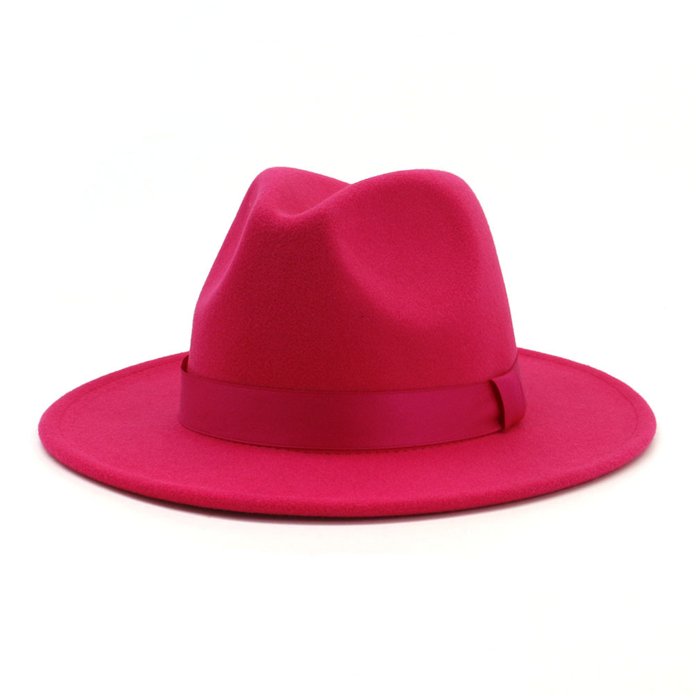 Fashion-Rosy Wool Felt Jazz Fedora Hat with Ribbon Wide Brim Panama Formal Hat Trilby Ladies Fascinator Dress Hats