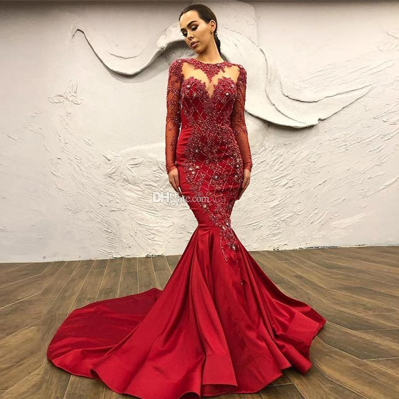 Newest Red Mermaid Evening Dresses with Detachable Train Beading Appliques Crystal Celebrity Prom Gowns Satin Long Sleeve Robe de soiree