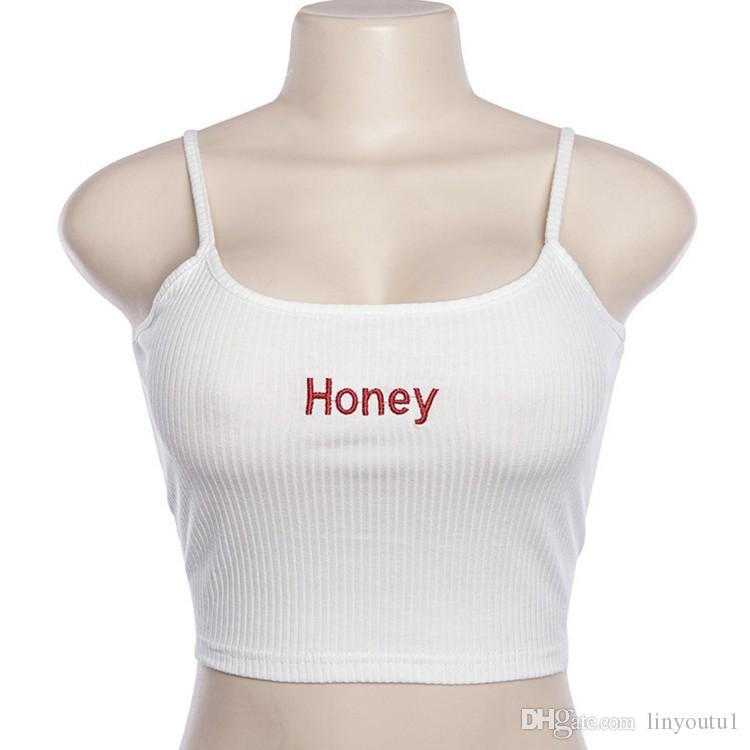 2020 Summer Women Crop Top Sexy Honey Letter Embroidery Tank Tops Cropped Ladies Spaghetti Strap Elastic Shirt Vest Camisole