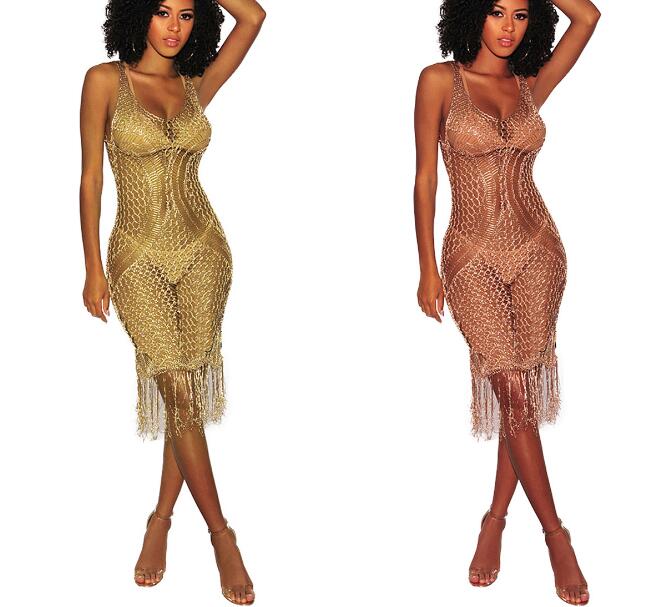 Sexy Women Sheer Knit Dress Lace Up Deep V Neck Sleeveless Beach Dress Party Nightclub Midi Dress Gold Perspective Fringe Beachwear
Sexy Women Sheer Knit Dress Lace Up Deep V Neck Sleeveless Beach Dress Party Nightclub Midi Dress Gold Perspective Fringe Beachwear