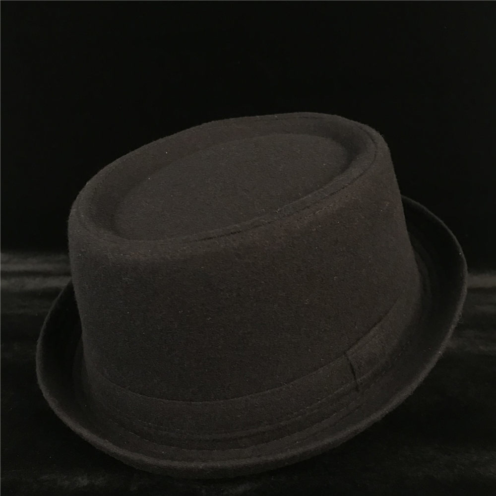 100 Wool Men Pork Pie Hat For Dad Winter Black Fedora Hat For Gentleman Flat Bowler Porkpie Top Hat Size S M L Xl Y19070503